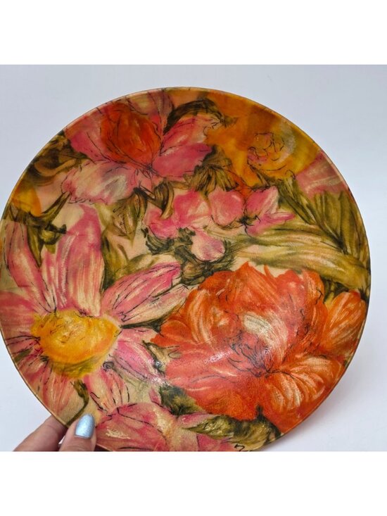 MCM Fiberglass Bowl 11" Diameter Floral Pink Orange Design Vibrant Groovy - Picture 8 of 9